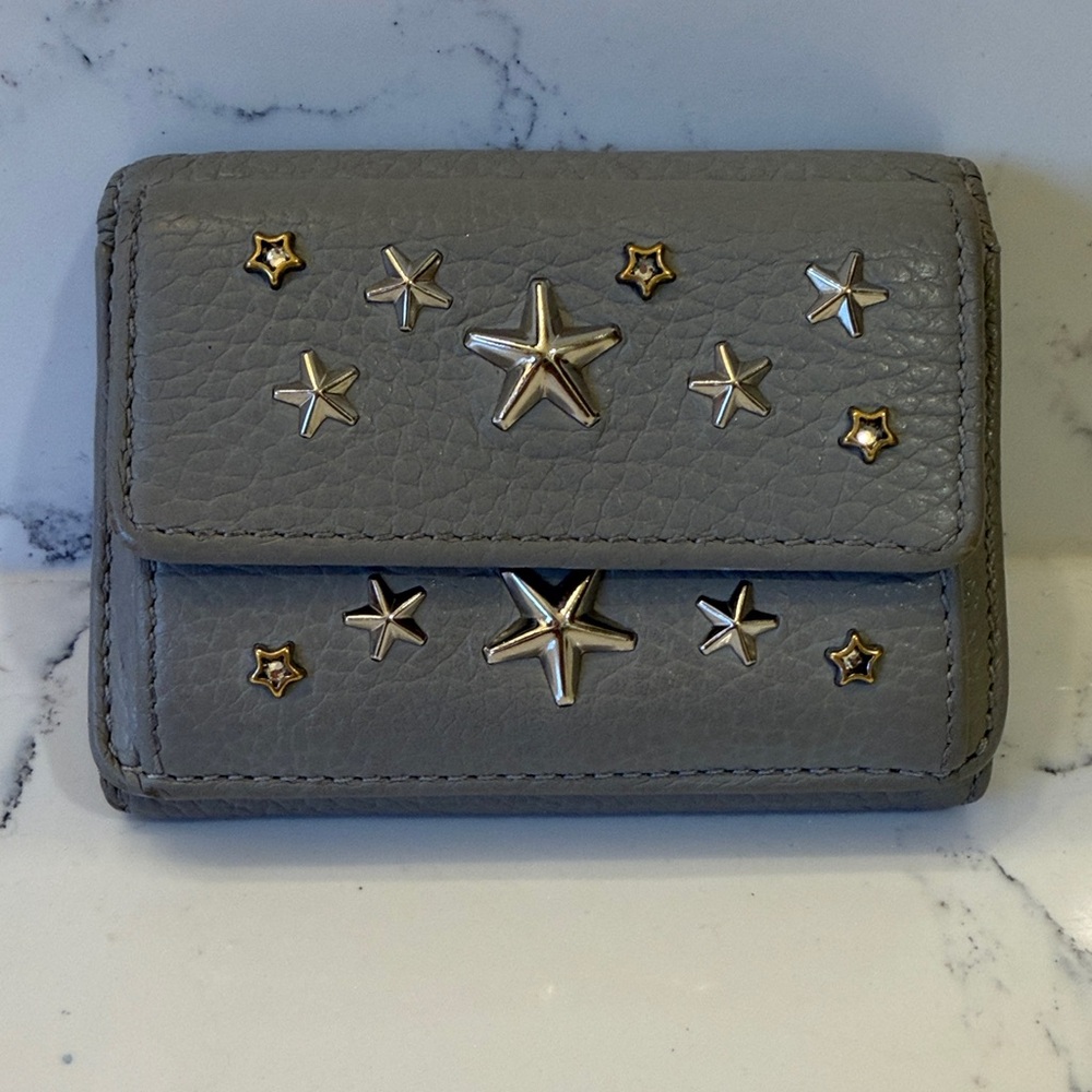 Jimmy Choo Nemo w Hologram Gray Compact Tri-Fold Silver Star-Embellished Wallet